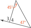 A triangle has angle 3 between the left side and extension of the bottom side, with angle 4 as the interior angle at the vertex. The other interior angles measure 45 degrees and 47 degrees.