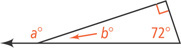 A right triangle has other interior angles measuring b degrees and 72 degrees. An exterior angle at the vertex measuring b degrees measures a degrees.