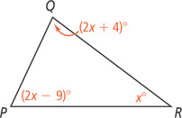 Triangle PQR has interior angles measuring (2x minus 9) degrees at P, (2x + 4) degrees at Q, and x degrees at R.