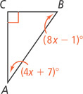 Triangle ABC has interior angles measuring (4x + 7) degrees at A, (8x minus 1) degrees at B, and right angle at C.