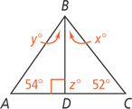Triangle ABC has interior angle A measuring 54 degrees and interior angle C measuring 52 degrees. A segment from vertex B meets side AC at D at a right angle, forming two triangles. Angle ABD measures y degrees and angle CBD measures x degrees.