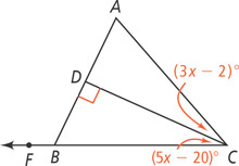 Triangle ABC has an extension of BC passing through point F, adjacent to side AB. A segment from vertex C meets AB at D at a right angle, forming two smaller triangles. Angle ACD is (3x minus 2) degrees and angle BCD is (5x minus 20) degrees.