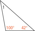 A triangle has interior angles 1, 42 degrees, and 100 degrees.