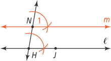 Arcs drawn from H and N intersect on line l, between H and J. The same arcs are drawn above with the arc from H drawn from N, at an angle labeled 1. Horizontal line m passes through n and the intersection of the new arcs.