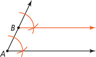 Angle A has arcs drawn from A and B, intersecting on the ray extending right. The same arcs are drawn above, with the arc from A the same at the arc from B. A ray extends right from B through the intersection of the new arcs.