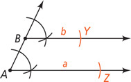 The ray extending right from point A has a segment of length a between the arc intersection and arc from A at Z. The ray extending right from point B has a segment of length b between the arc intersection and an arc from B at Y.