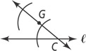 A diagonal line passes through point G and point C on line l. Large arcs extend at the same distances left of G and C.