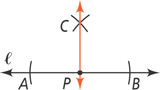 Horizontal line l passes through point P. Small arcs are drawn from P through points A and B on line l, left and right of P, respectively. Small arcs from A and B intersect at point C above P. A vertical line passes through C and P.