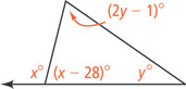 A triangle has interior angles measuring (2y minus 1) degrees, y degrees, and (x minus 28) degrees. An exterior angle to the angle measuring (x minus 28) degrees measures x degrees.