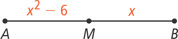Segment AB has midpoint M, with AM measuring x squared minus 6 and MB measuring x.
