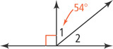 A horizontal line has a vertical ray extending up at a right angle. A diagonal ray extends up to the right, forming angle 1, measuring 54 degrees, with the vertical ray and angle 2 with the horizontal.