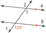 Transversal c intersects two nearly horizontal parallel lines, a above b. Angle 1 is below a right of c and angle 2 above a left of c. The angle below b right of c is 120 degrees.