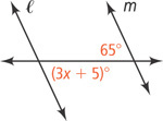 A horizontal transversal intersects two diagonal lines, l left of m. The angle right of l below the transversal is (3x + 5) degrees. The angle left of m above the transversal is 65 degrees.