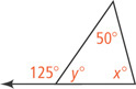 A triangle has interior angles measuring 50 degrees on top, x degrees on the bottom right, and y degrees on the bottom left. The angle between the left side and extension of the bottom side is 125 degrees.