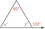 A triangle has interior angles measuring 60 degrees on top, x degrees on the bottom left, and y degrees on the bottom right. The angle between the right side and extension of the bottom side is 120 degrees.