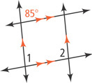 Two parallel lines intersect two nearly horizontal parallel lines. Above the bottom line, angle 1 is right of the left line and angle 2 left of the right line. The angle above the top line right of the left line is 85 degrees.