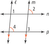 Two transversals, n above p, intersects two parallel lines, l left of m. Above n, angle 1 is right of l and angle 2 right of m. Above p, angle 4 is right of l and angle 3 right of m. Angles 2 and 4 are congruent.
