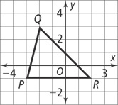 A graph of triangle PQR has P at (negative 3, negative 1), Q at (negative 2, 3), and R at (2, negative 1).