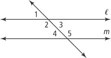 A transversal intersects two lines, l above m. At the intersection of l, three angles are numbered 1 through 3 from top left clockwise. Above m, angles are numbered 4 and 5 left and right of the transversal, respectively.