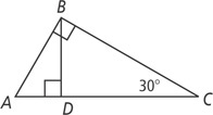 Triangle ABC has right angle at B and 30 degree angle at C. A segment from angle B meets AC at a right angle at D.