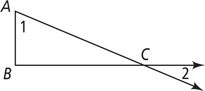 Triangle ABC has interior angle 1. Extensions of sides AC and BC have angle 2 between them.