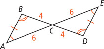 Triangles ABC and CED share vertex C. Angles A and E are congruent and angles B and D are congruent. Sides BC and DC each measure 4 and sides AC and EC each measure 6.