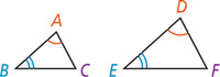 Triangles ABC and DEF have angles A and D equal and angles B and E equal.