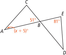 Triangles ABC and DBE share vertex B. Interior angles at 51 degrees at ABC, 81 degrees at E, and (x + 5) degrees at A.