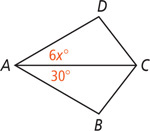 Triangles ACD and ACB share side AC. Angle DAC is 6x degrees and angle BAC is 30 degrees.