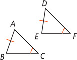 Between triangles ABC and DEF, sides AB and DE are equal and angles C and F are equal.