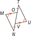 Triangles MNO and UTV share section OV on side NO and TV. Sides MO and UV are parallel. Segments TO and NV are equal. Angles M and U are equal.
