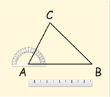 Triangle ABC has edges measured with a ruler and angles measured with a protractor.