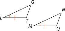 Between triangles LGT and MNQ, angles L and M are equal and sides LT and MQ are equal.