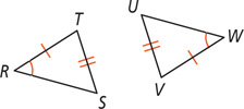 Between triangles RST and WUV, angles R and W are equal, sides RT and WV are equal, and sides ST and UV are equal.
