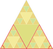 A Sierpinski triangle has lines from the midpoints of two sides of the largest triangle connecting at the midpoint of the bottom side, forming two triangles at the bottom corners, with the two angles between the sides of the original triangle equal.