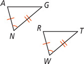 Between triangles AGN and RTW, angles N and W are equal, sides NA and WR are equal, and sides NG and WT are equal.