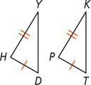 Between triangles HDY and PTK, sides HD and PT are equal and sides HY and PK are equal.