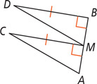 Triangles AMC and MBD share vertex M, with angles AMC and MBD each a right angle and sides MC and BD equal.