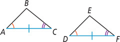 Between triangles ABC and DEF, angles A and D are equal, angles C and F are equal, and sides AC and DF are equal.