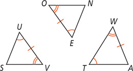 Between triangles SUV, NEO, and ATW, angles U, E, and T are equal, angles V, O, and W are equal, and sides UV, EO, and WA are equal.
