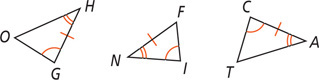 Between triangles OGH, FIN, and TCA, angles G, I, and C are equal, angles H, N, and A are equal, and sides GH, FN, and CA are equal.