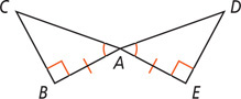 Triangles ABC and AED share angle A, with angles BAC and EAD equal, angles B and E right angles, and sides AB and AE equal.