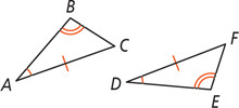 Between triangles ABC and DEF, angles A and D are equal, angles B and E are equal, and sides AC and DF are equal.