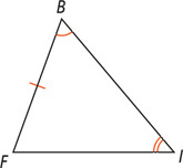 Triangle BIF has one arc at angle B, two arcs at angle I, and one mark on side BF.