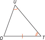 Triangle UTO has one arc at angle U, two arcs at angle T, and one mark on side TO.
