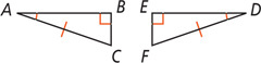 Between triangles ABC and DEF, angles A and D are equal, angles B and E are right angles, and sides AC and DF are equal.