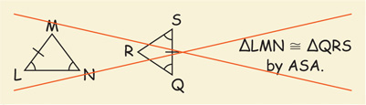 Between triangles LMN and QRS, angles L, N, Q, and S are equal, and sides LM and QS are equal, showing triangle LMN is congruent to triangle QRS by ASA.