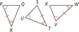 Between triangles PQR, UST, and XVW, angles P, U, and V are equal, angles R, T, and W are equal, and sides PR, ST, and VW are equal.