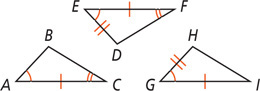 Between triangles ABC, DEF, and GHI, angles A, E, and G are equal, angles C and F are equal, and sides DE and GH are equal.