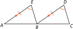 Triangles ABE and BCD share vertex B, with angles E and D equal and sides AE and BD equal and parallel.